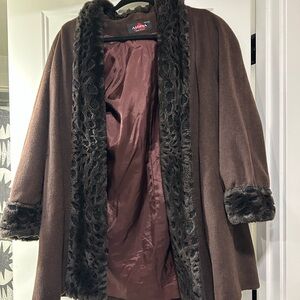 Aldona Women's Brown Coat with Faux Fur Trim